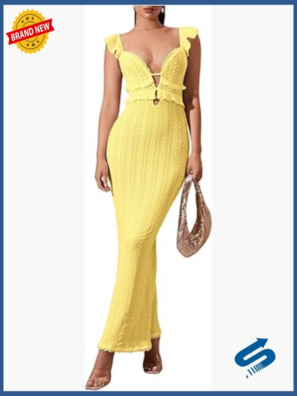 Backless Bodycon Maxi Dress with Crochet Ruffle Trim